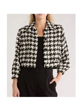 L’Agence Bridges Crop Metallic Woven Black White Houndstooth Blazer Jacket 8 NWT